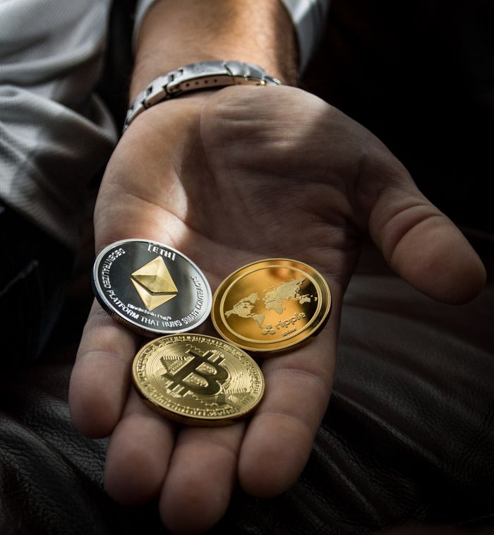 Home Hand holding Bitcoin, Ethereum, and Ripple coins representing digital currency.